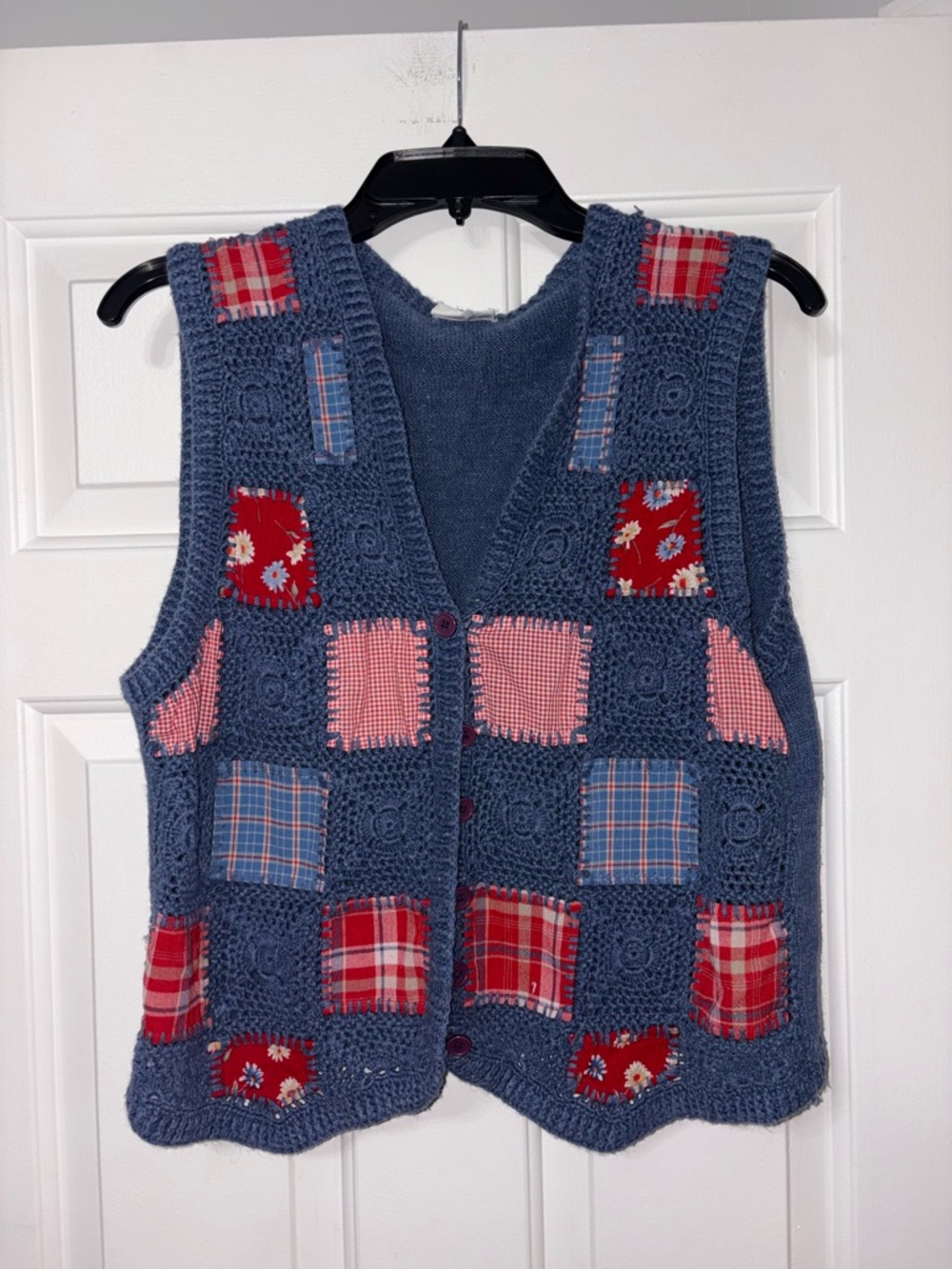 Koret Blue Patchwork Crochet Vest with Red and Pink Accents